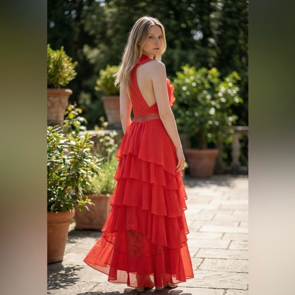 Anthropologie Red Tiered High Low Lace V Neck
Dress, Size Small - Picture 4 of 13